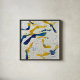Fly Away Gold by Shirley Novak. Shown in a sleek black glass frame for a contemporary gallery look. Available as an archival giclee rolled canvas, fine art paper, or poster print. SKU 90773a.