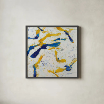 Fly Away Gold by Shirley Novak. Shown in a sleek black glass frame for a contemporary gallery look. Available as an archival giclee rolled canvas, fine art paper, or poster print. SKU 90773a.