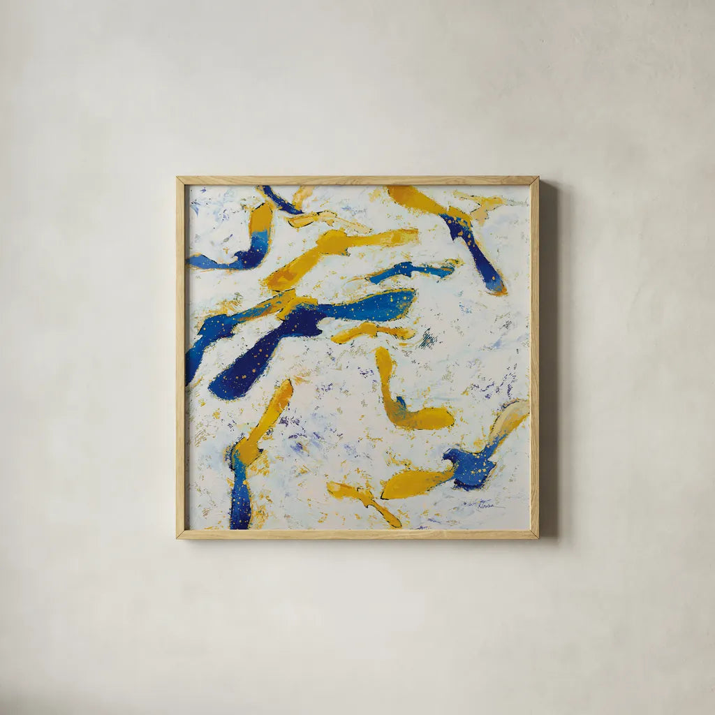 Fly Away Gold by Shirley Novak. Shown in a natural wood glass frame for a timeless modern aesthetic. Available as an archival giclee rolled canvas, fine art paper, or poster print. SKU 90773a.