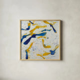 Fly Away Gold by Shirley Novak. Shown in a natural wood glass frame for a timeless modern aesthetic. Available as an archival giclee rolled canvas, fine art paper, or poster print. SKU 90773a.