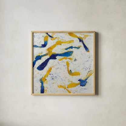 Fly Away Gold by Shirley Novak. Shown in a natural wood glass frame for a timeless modern aesthetic. Available as an archival giclee rolled canvas, fine art paper, or poster print. SKU 90773a.