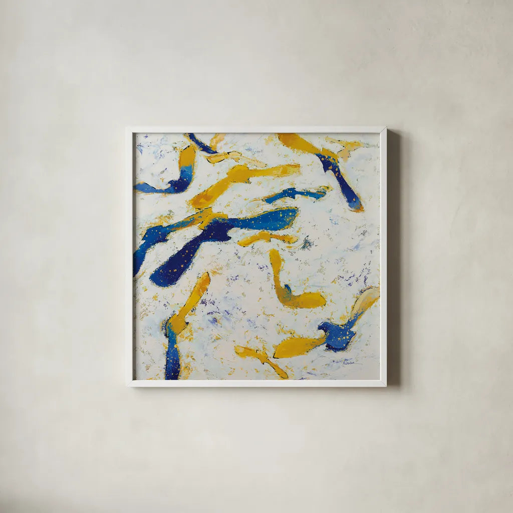 Fly Away Gold by Shirley Novak. Shown in a crisp white glass frame for a clean and minimalist style. Available as an archival giclee rolled canvas, fine art paper, or poster print. SKU 90773a.