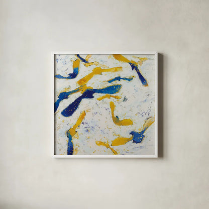 Fly Away Gold by Shirley Novak. Shown in a crisp white glass frame for a clean and minimalist style. Available as an archival giclee rolled canvas, fine art paper, or poster print. SKU 90773a.