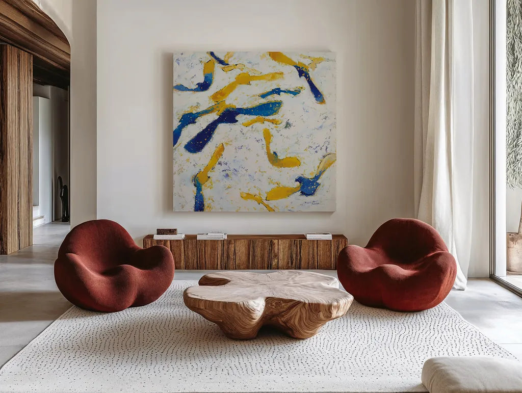 Fly Away Gold by Shirley Novak. Shown as extra-large giant wall art in a modern living room. Available as an archival giclee rolled canvas, fine art paper, or poster print. SKU 90773a.