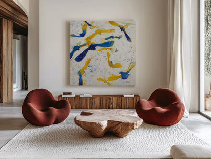 Fly Away Gold by Shirley Novak. Shown as extra-large giant wall art in a modern living room. Available as an archival giclee rolled canvas, fine art paper, or poster print. SKU 90773a.