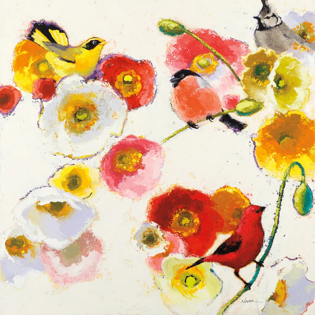 Four Birds a Blending by Shirley Novak. SKU 89484a. Archival Giclee Fine art print for wall decor.