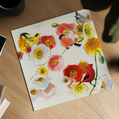 Four Birds a Blending by Shirley Novak. Shown as a detailed flat fine art print, highlighting archival giclee quality. Available as an archival giclee rolled canvas, fine art paper, or poster print. SKU 89484a.