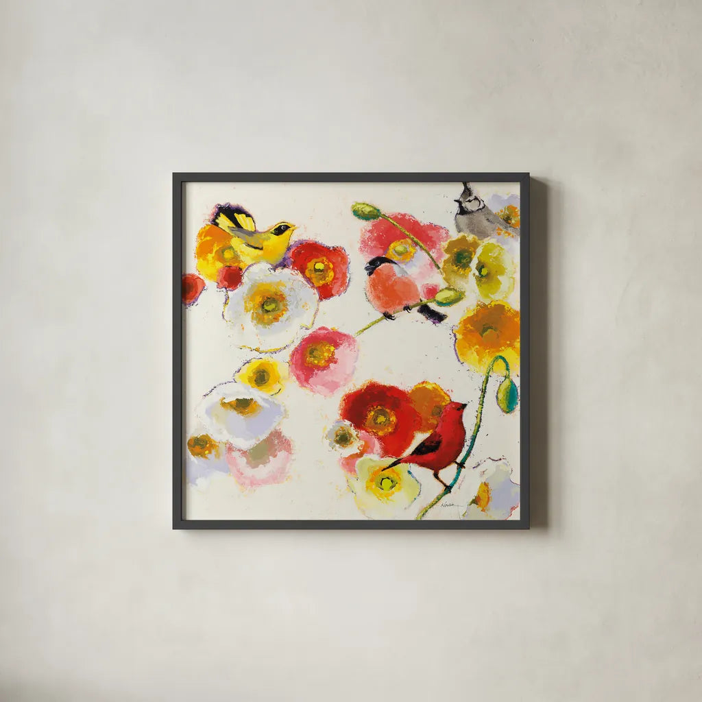 Four Birds a Blending by Shirley Novak. Shown in a sleek black glass frame for a contemporary gallery look. Available as an archival giclee rolled canvas, fine art paper, or poster print. SKU 89484a.