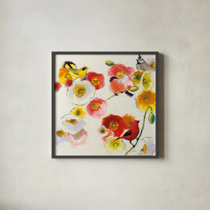 Four Birds a Blending by Shirley Novak. Shown in a sleek black glass frame for a contemporary gallery look. Available as an archival giclee rolled canvas, fine art paper, or poster print. SKU 89484a.