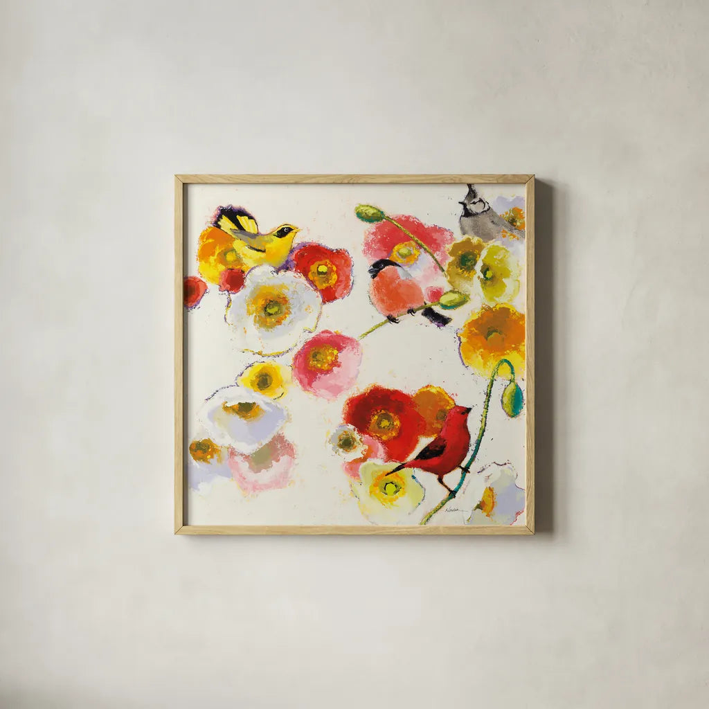 Four Birds a Blending by Shirley Novak. Shown in a natural wood glass frame for a timeless modern aesthetic. Available as an archival giclee rolled canvas, fine art paper, or poster print. SKU 89484a.