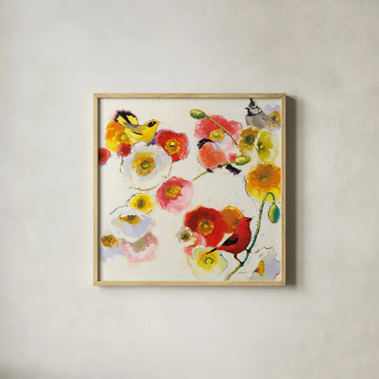 Four Birds a Blending by Shirley Novak. Shown in a natural wood glass frame for a timeless modern aesthetic. Available as an archival giclee rolled canvas, fine art paper, or poster print. SKU 89484a.