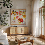 Four Birds a Blending by Shirley Novak. Shown in a natural wood frame in a cozy modern living room. Available as an archival giclee rolled canvas, fine art paper, or poster print. SKU 89484a.