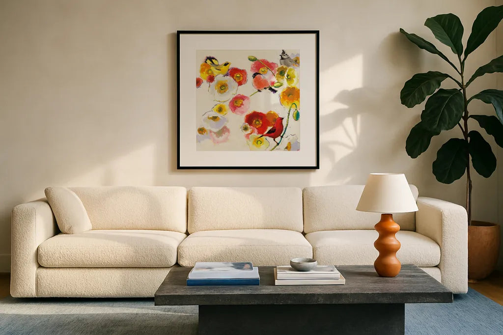Four Birds a Blending by Shirley Novak. Displayed in a glass frame with matte in a clean modern living room. Available as an archival giclee rolled canvas, fine art paper, or poster print. SKU 89484a.