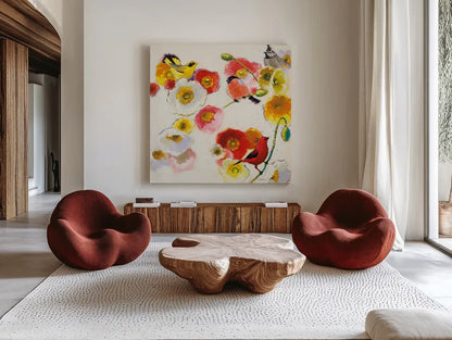 Four Birds a Blending by Shirley Novak. Shown as extra-large giant wall art in a modern living room. Available as an archival giclee rolled canvas, fine art paper, or poster print. SKU 89484a.