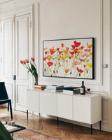 Full Icelandic Flush Night by Shirley Novak. shown as a framed stretched canvas in a living room above a console. Available as a archival giclee rolled canvas, fine art paper, or poster print. SKU 88685i.