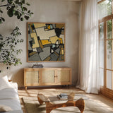 Garden II by Shirley Novak. Shown in a natural wood frame in a cozy modern living room. Available as an archival giclee rolled canvas, fine art paper, or poster print. SKU 23716a.