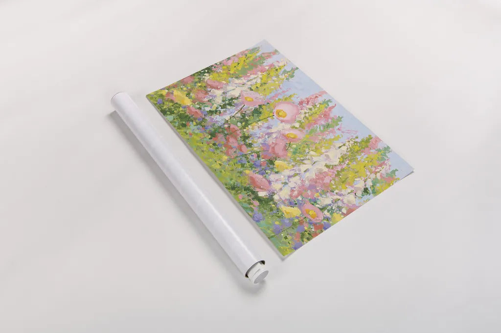 Garden Pastels I Blue Sky by Shirley Novak. shown as a rolled paper print. Available as archival giclee rolled canvas, fine art paper, or poster print. SKU 28361i.