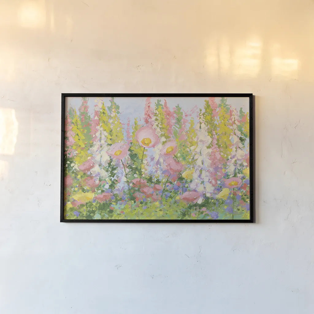 Garden Pastels I Blue Sky by Shirley Novak. shown as a paper print in a black flame. Available as a archival giclee rolled canvas, fine art paper, or poster print. SKU 28361i.