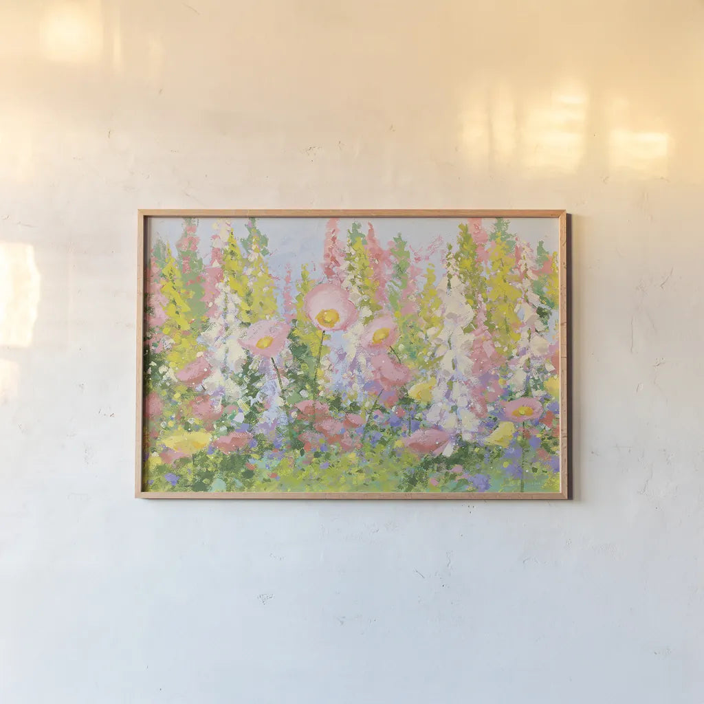 Garden Pastels I Blue Sky by Shirley Novak. shown as a paper print in a natural frame. Available as a archival giclee rolled canvas, fine art paper, or poster print. SKU 28361i.