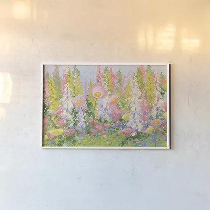 Garden Pastels I Blue Sky by Shirley Novak. shown as a paper print in a white frame. Available as a archival giclee rolled canvas, fine art paper, or poster print. SKU 28361i.