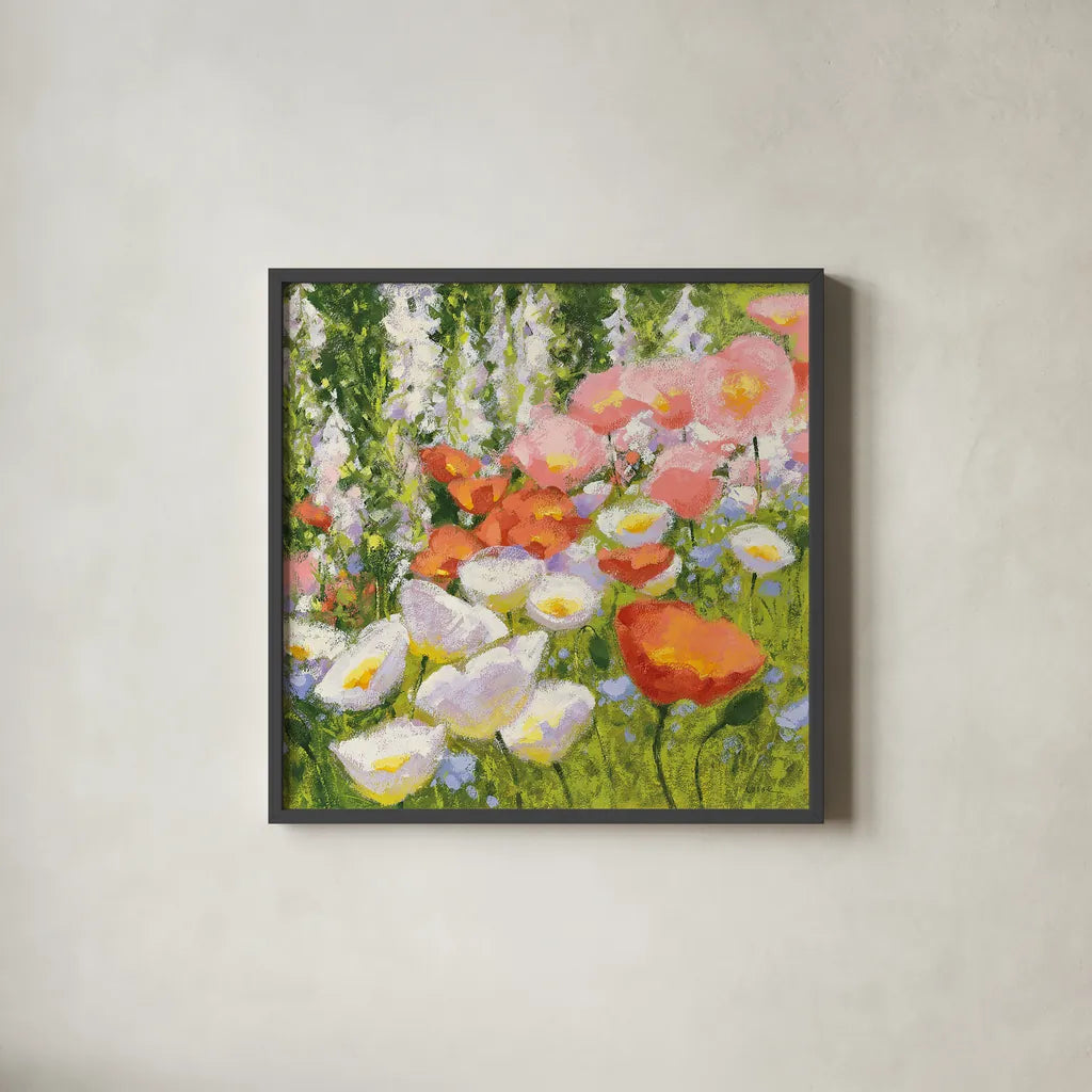 Garden Pastels II by Shirley Novak. Shown in a sleek black glass frame for a contemporary gallery look. Available as an archival giclee rolled canvas, fine art paper, or poster print. SKU 27581a.