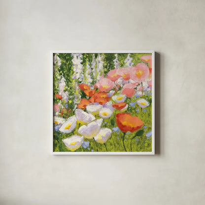 Garden Pastels II by Shirley Novak. Shown in a crisp white glass frame for a clean and minimalist style. Available as an archival giclee rolled canvas, fine art paper, or poster print. SKU 27581a.