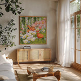 Garden Pastels II by Shirley Novak. Shown in a natural wood frame in a cozy modern living room. Available as an archival giclee rolled canvas, fine art paper, or poster print. SKU 27581a.