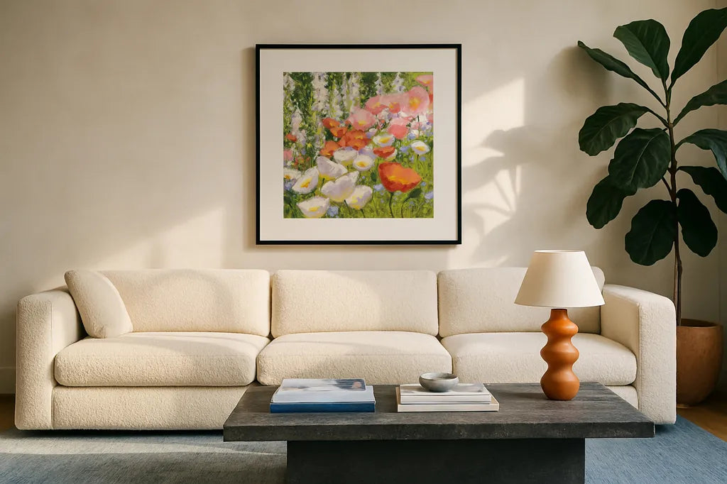 Garden Pastels II by Shirley Novak. Displayed in a glass frame with matte in a clean modern living room. Available as an archival giclee rolled canvas, fine art paper, or poster print. SKU 27581a.