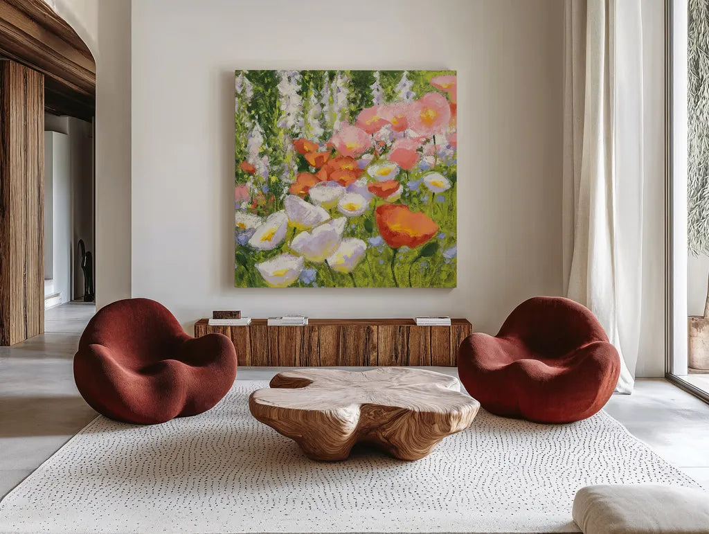 Garden Pastels II by Shirley Novak. Shown as extra-large giant wall art in a modern living room. Available as an archival giclee rolled canvas, fine art paper, or poster print. SKU 27581a.