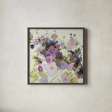Gardening in Mauve by Shirley Novak. Shown in a sleek black glass frame for a contemporary gallery look. Available as an archival giclee rolled canvas, fine art paper, or poster print. SKU 98489a.