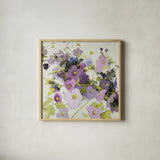Gardening in Mauve by Shirley Novak. Shown in a natural wood glass frame for a timeless modern aesthetic. Available as an archival giclee rolled canvas, fine art paper, or poster print. SKU 98489a.