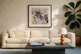 Gardening in Mauve by Shirley Novak. Displayed in a glass frame with matte in a clean modern living room. Available as an archival giclee rolled canvas, fine art paper, or poster print. SKU 98489a.