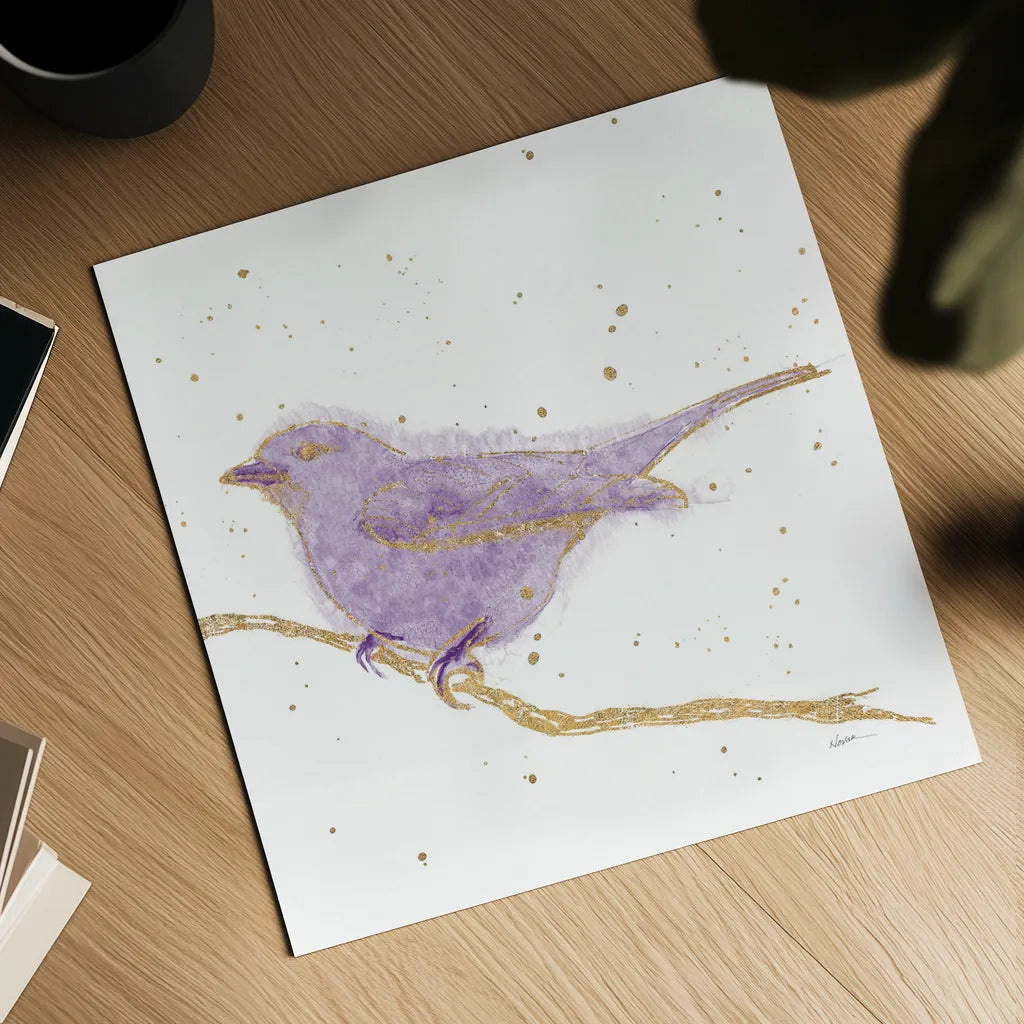 Gilded Bird I Lavender by Shirley Novak. Shown as a detailed flat fine art print, highlighting archival giclee quality. Available as an archival giclee rolled canvas, fine art paper, or poster print. SKU 36133a.