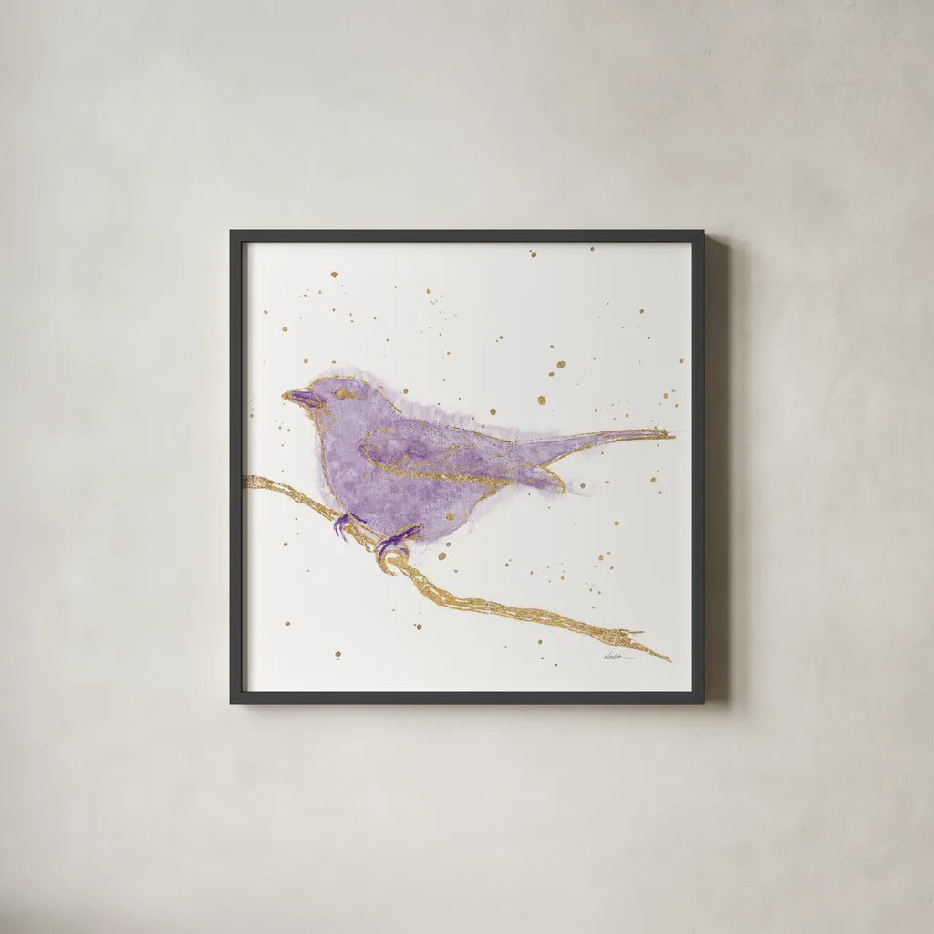 Gilded Bird I Lavender by Shirley Novak. Shown in a sleek black glass frame for a contemporary gallery look. Available as an archival giclee rolled canvas, fine art paper, or poster print. SKU 36133a.