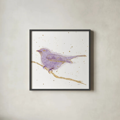 Gilded Bird I Lavender by Shirley Novak. Shown in a sleek black glass frame for a contemporary gallery look. Available as an archival giclee rolled canvas, fine art paper, or poster print. SKU 36133a.