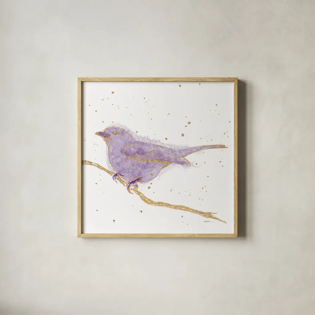 Gilded Bird I Lavender by Shirley Novak. Shown in a natural wood glass frame for a timeless modern aesthetic. Available as an archival giclee rolled canvas, fine art paper, or poster print. SKU 36133a.