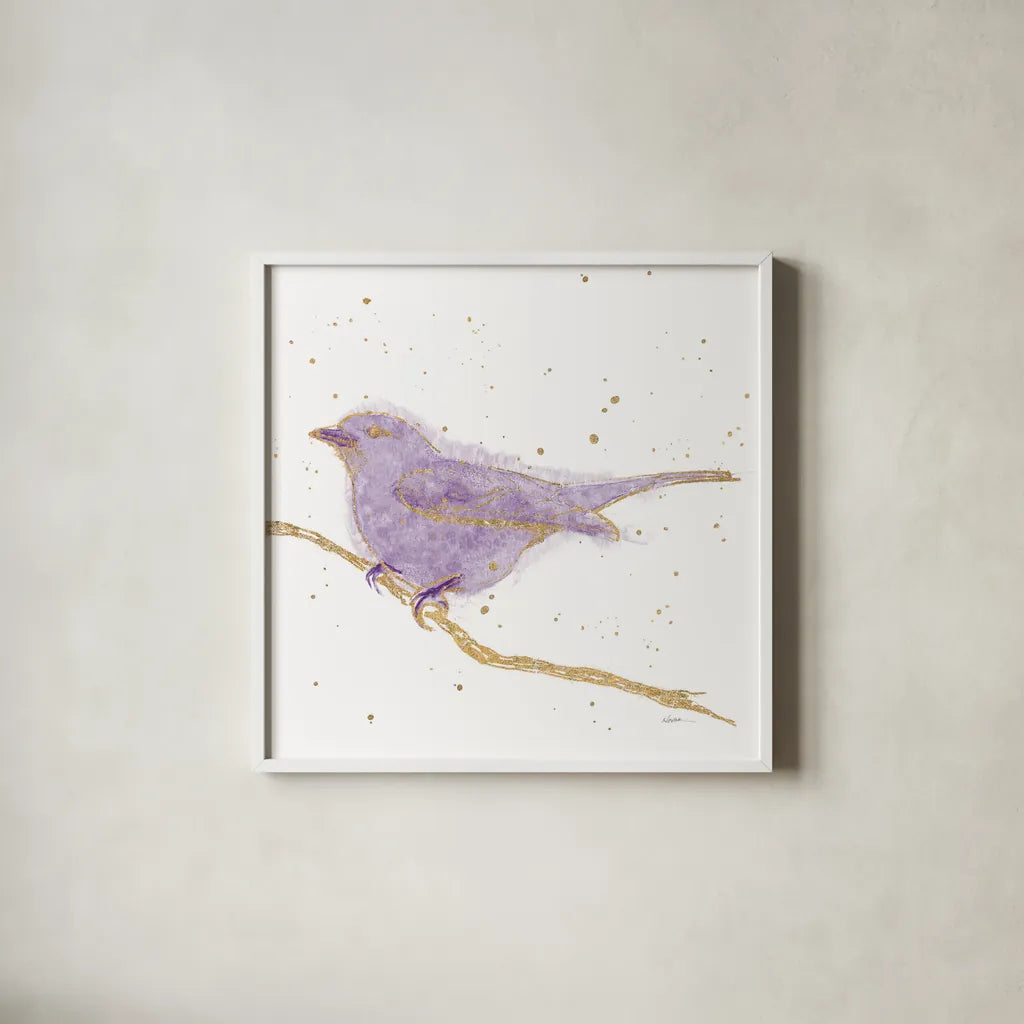 Gilded Bird I Lavender by Shirley Novak. Shown in a crisp white glass frame for a clean and minimalist style. Available as an archival giclee rolled canvas, fine art paper, or poster print. SKU 36133a.
