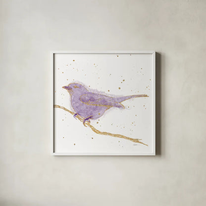 Gilded Bird I Lavender by Shirley Novak. Shown in a crisp white glass frame for a clean and minimalist style. Available as an archival giclee rolled canvas, fine art paper, or poster print. SKU 36133a.