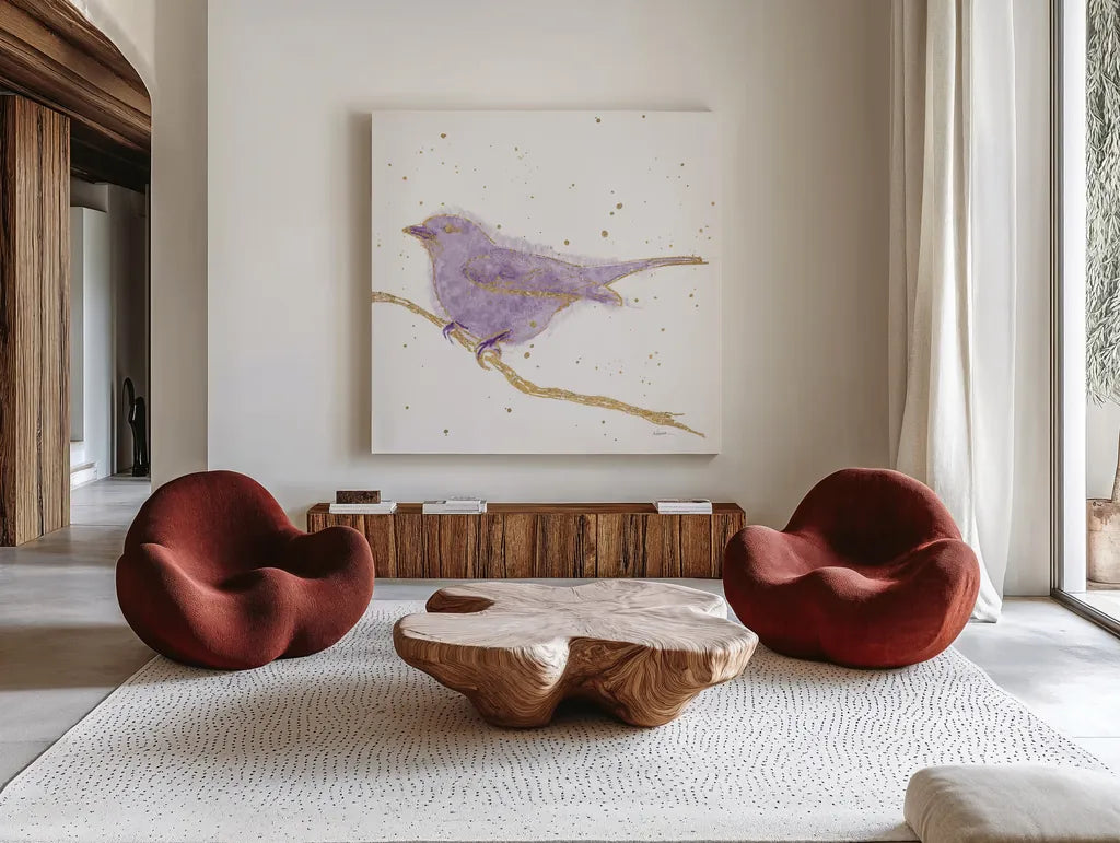 Gilded Bird I Lavender by Shirley Novak. Shown as extra-large giant wall art in a modern living room. Available as an archival giclee rolled canvas, fine art paper, or poster print. SKU 36133a.