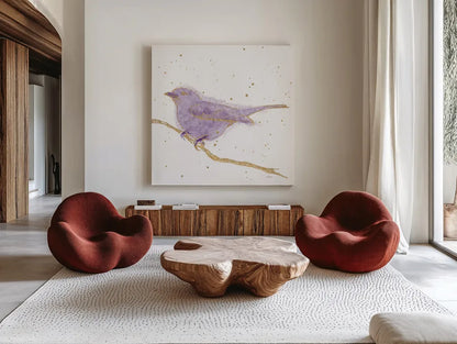Gilded Bird I Lavender by Shirley Novak. Shown as extra-large giant wall art in a modern living room. Available as an archival giclee rolled canvas, fine art paper, or poster print. SKU 36133a.