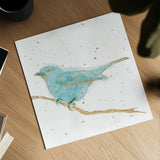 Gilded Bird I Teal by Shirley Novak. Shown as a detailed flat fine art print, highlighting archival giclee quality. Available as an archival giclee rolled canvas, fine art paper, or poster print. SKU 36132a.