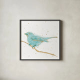 Gilded Bird I Teal by Shirley Novak. Shown in a sleek black glass frame for a contemporary gallery look. Available as an archival giclee rolled canvas, fine art paper, or poster print. SKU 36132a.