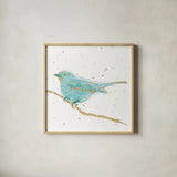 Gilded Bird I Teal by Shirley Novak. Shown in a natural wood glass frame for a timeless modern aesthetic. Available as an archival giclee rolled canvas, fine art paper, or poster print. SKU 36132a.