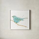 Gilded Bird I Teal by Shirley Novak. Shown in a crisp white glass frame for a clean and minimalist style. Available as an archival giclee rolled canvas, fine art paper, or poster print. SKU 36132a.