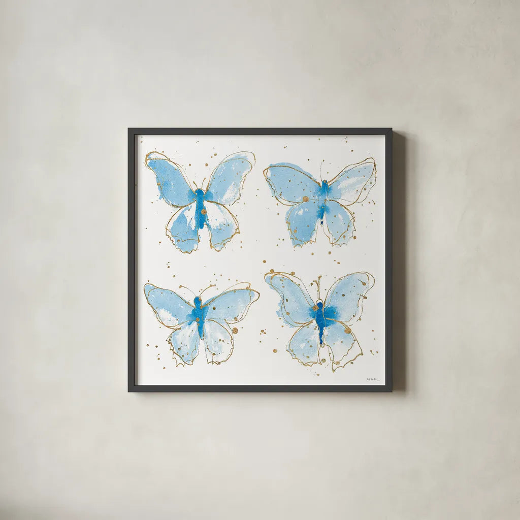Gilded Butterflies by Shirley Novak. Shown in a sleek black glass frame for a contemporary gallery look. Available as an archival giclee rolled canvas, fine art paper, or poster print. SKU 29794a.