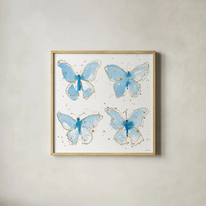 Gilded Butterflies by Shirley Novak. Shown in a natural wood glass frame for a timeless modern aesthetic. Available as an archival giclee rolled canvas, fine art paper, or poster print. SKU 29794a.