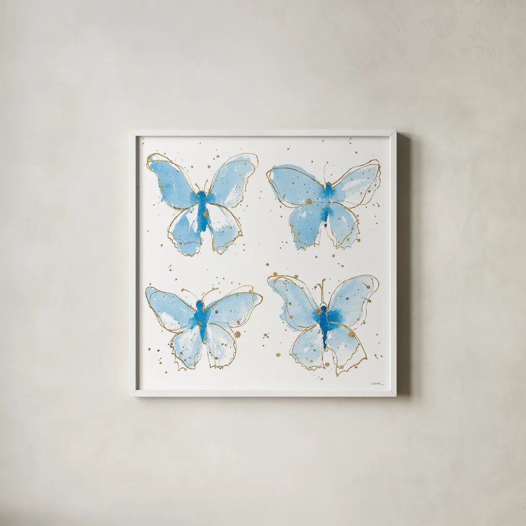 Gilded Butterflies by Shirley Novak. Shown in a crisp white glass frame for a clean and minimalist style. Available as an archival giclee rolled canvas, fine art paper, or poster print. SKU 29794a.
