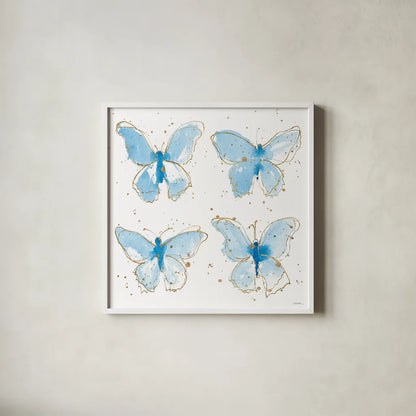 Gilded Butterflies by Shirley Novak. Shown in a crisp white glass frame for a clean and minimalist style. Available as an archival giclee rolled canvas, fine art paper, or poster print. SKU 29794a.