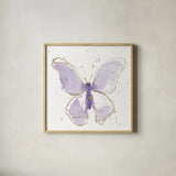 Gilded Butterflies II Lavender by Shirley Novak. Shown in a natural wood glass frame for a timeless modern aesthetic. Available as an archival giclee rolled canvas, fine art paper, or poster print. SKU 36115a.