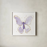 Gilded Butterflies II Lavender by Shirley Novak. Shown in a crisp white glass frame for a clean and minimalist style. Available as an archival giclee rolled canvas, fine art paper, or poster print. SKU 36115a.